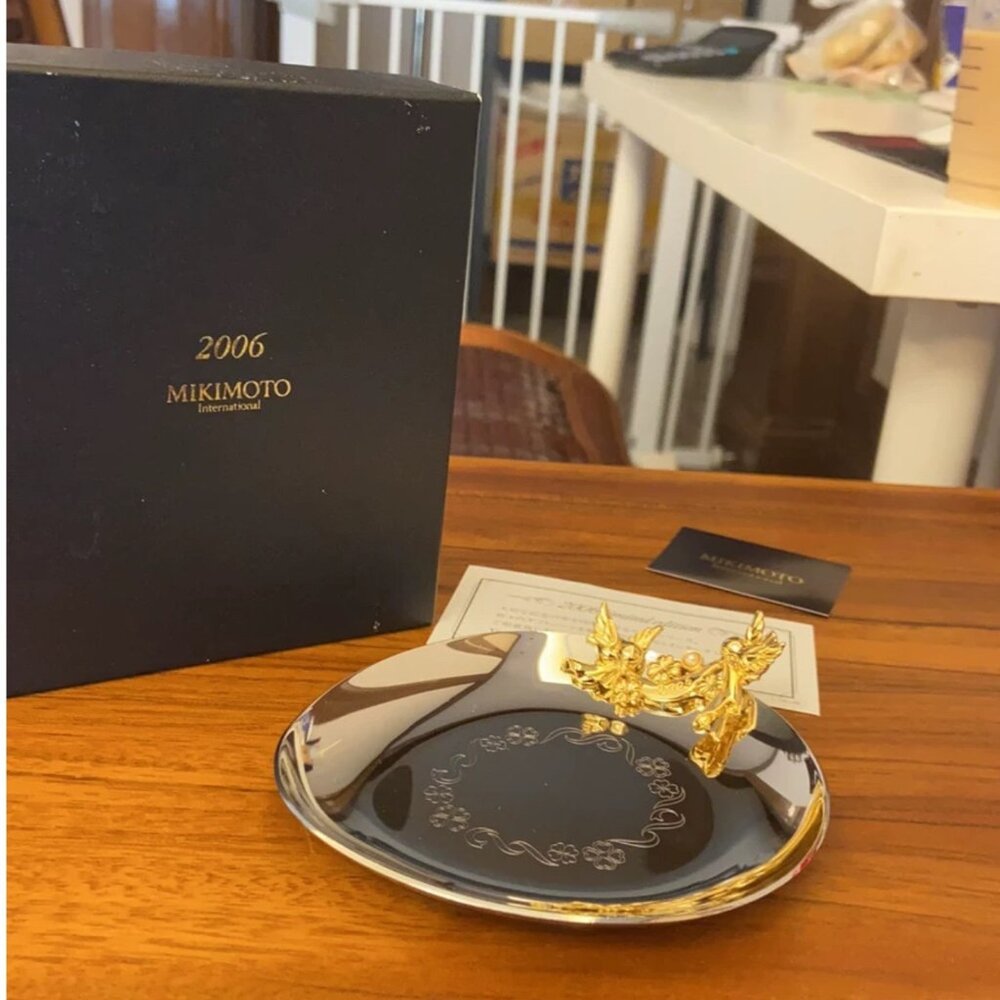 NU Mikimoto Golden love bird Pearl Jewelry dish Silver Pin Pen Tray wedding gift